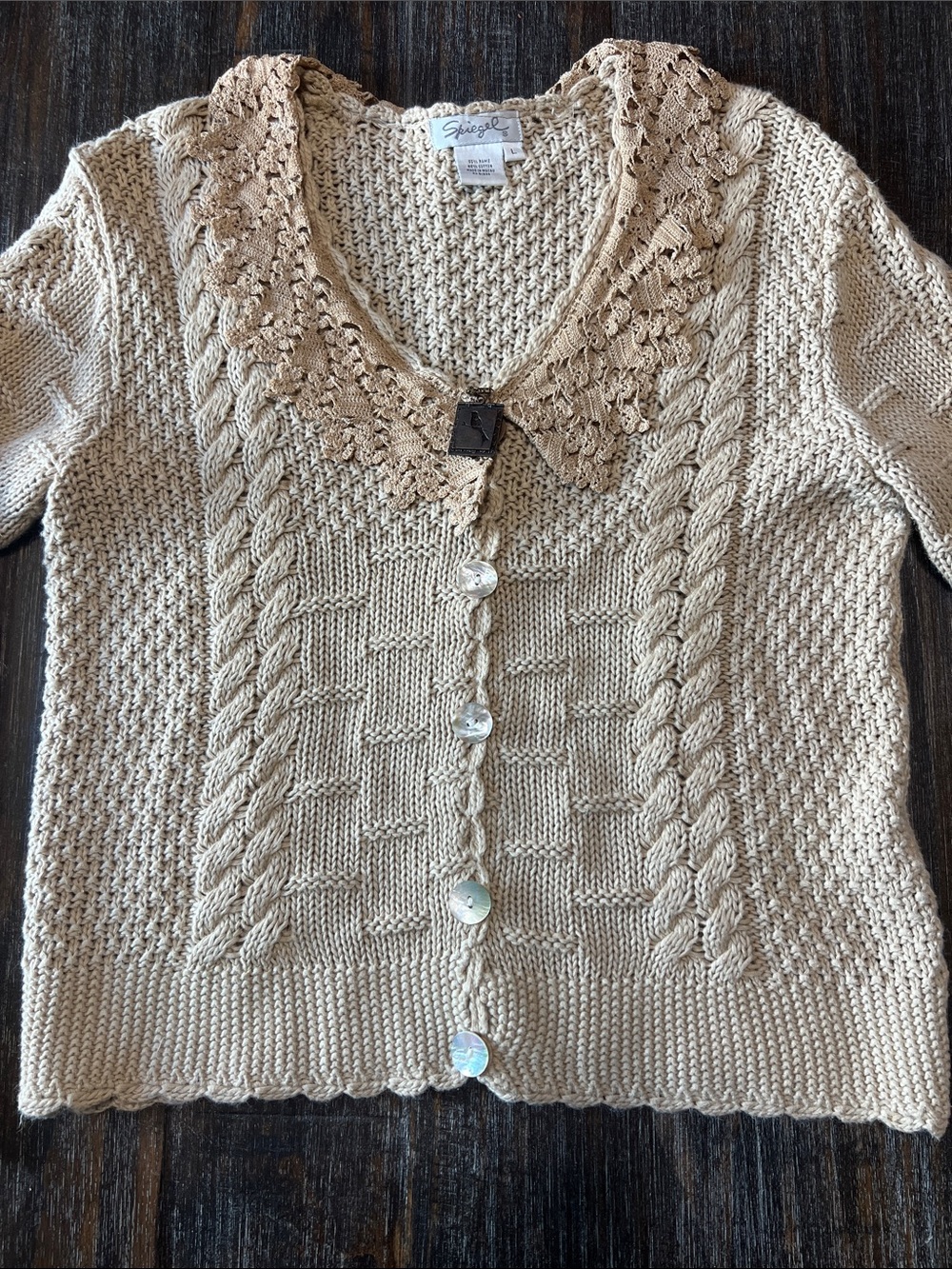 Vintage Spiegel Cream Cable Knit Button-Front Cardigan with Lace Collar